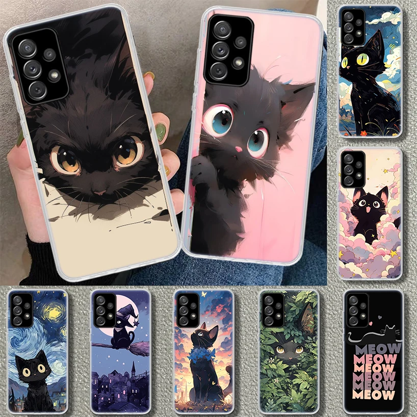 Anime Cute Black Cat Meow Phone Case Cover for Samsung Galaxy A51 A71 A50 A70 A41 A31 A21S A40 A30S A20E A10 A11 A01 A6 A7 A8 A9