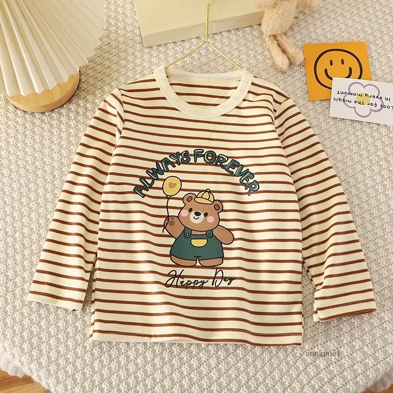 Baby Boys Girls Base Shirts Kids Long-sleeved Warmth Children\'s Velvet Single Tops Spring Autumn and Winter Clothes