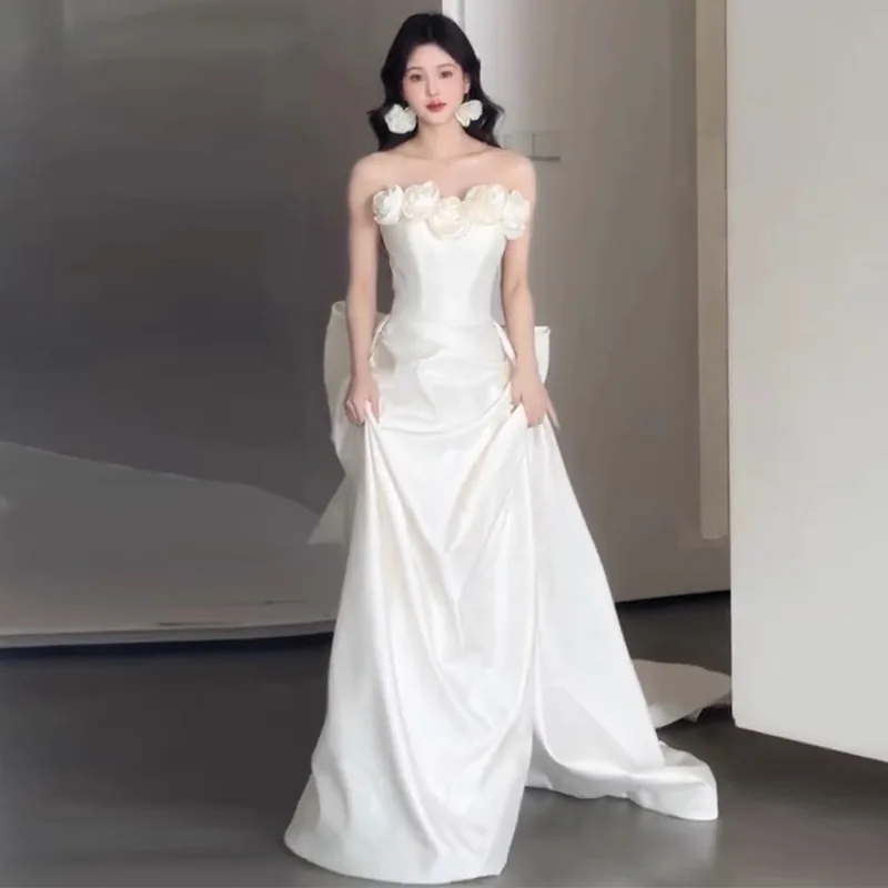 Festa formal ocasiões tubo superior luz vestido de casamento simples avançado super fada cetim branco arrastando nupcial bem-vindo