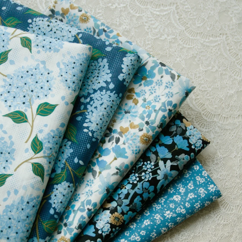 145x50cm Blue Hydrangea Summer Small Floral Poplin Pure Cotton Cloth Dress ing Fabric Handmade DIY