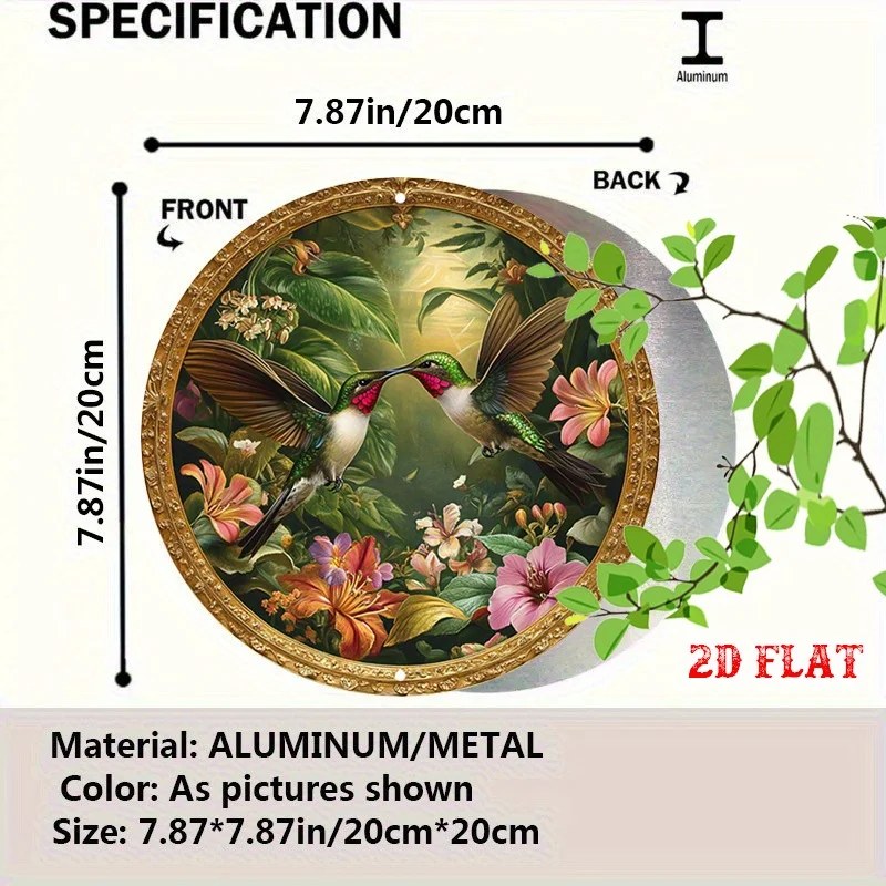 2D Flat - A Vintage-Style Round Metal Sign Measuring 19.81X19.81 cm, Showcasing Hummingbirds Among Vibrant Green Plants And Fl
