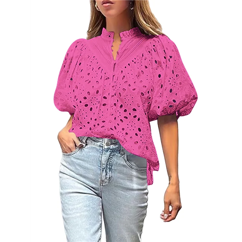 

A09P женские летние топы 2025, нарядные повседневные блузки с короткими рукавами и v-образным вырезом на пуговицах, ажурные кружевные блузки с вышивкой, рубашки