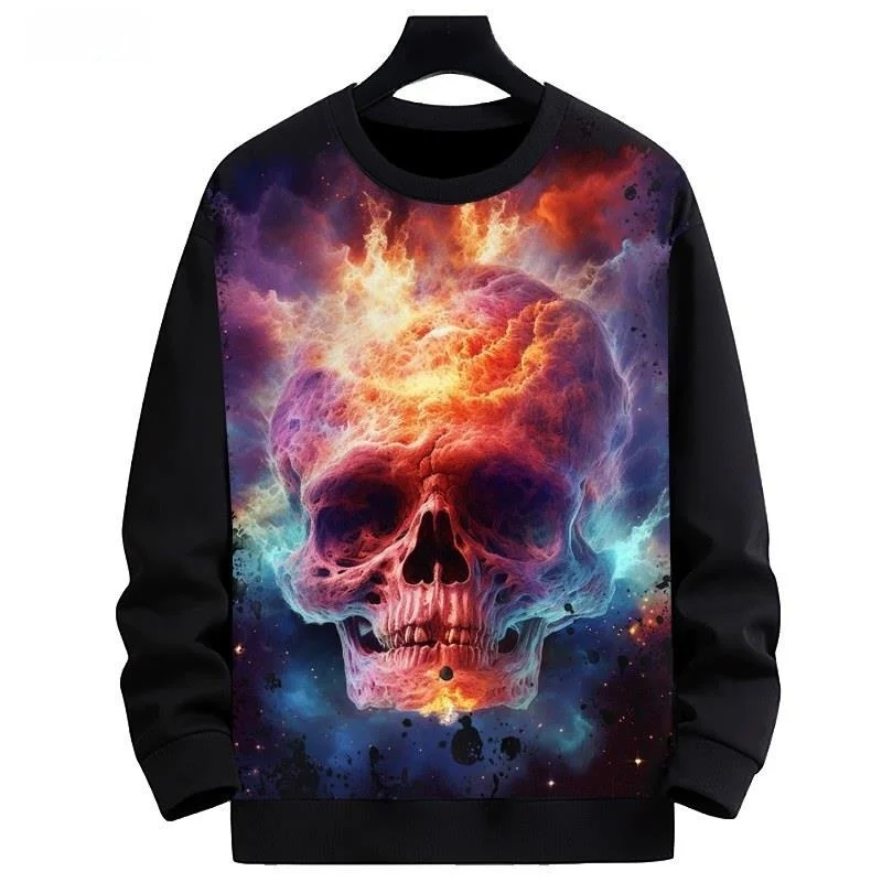

New Spring Autumn 3D Digital Print Skull Flame Loose Men's round Neck Sweatshirt Comfortable Polyester Fiber Heat Preservation