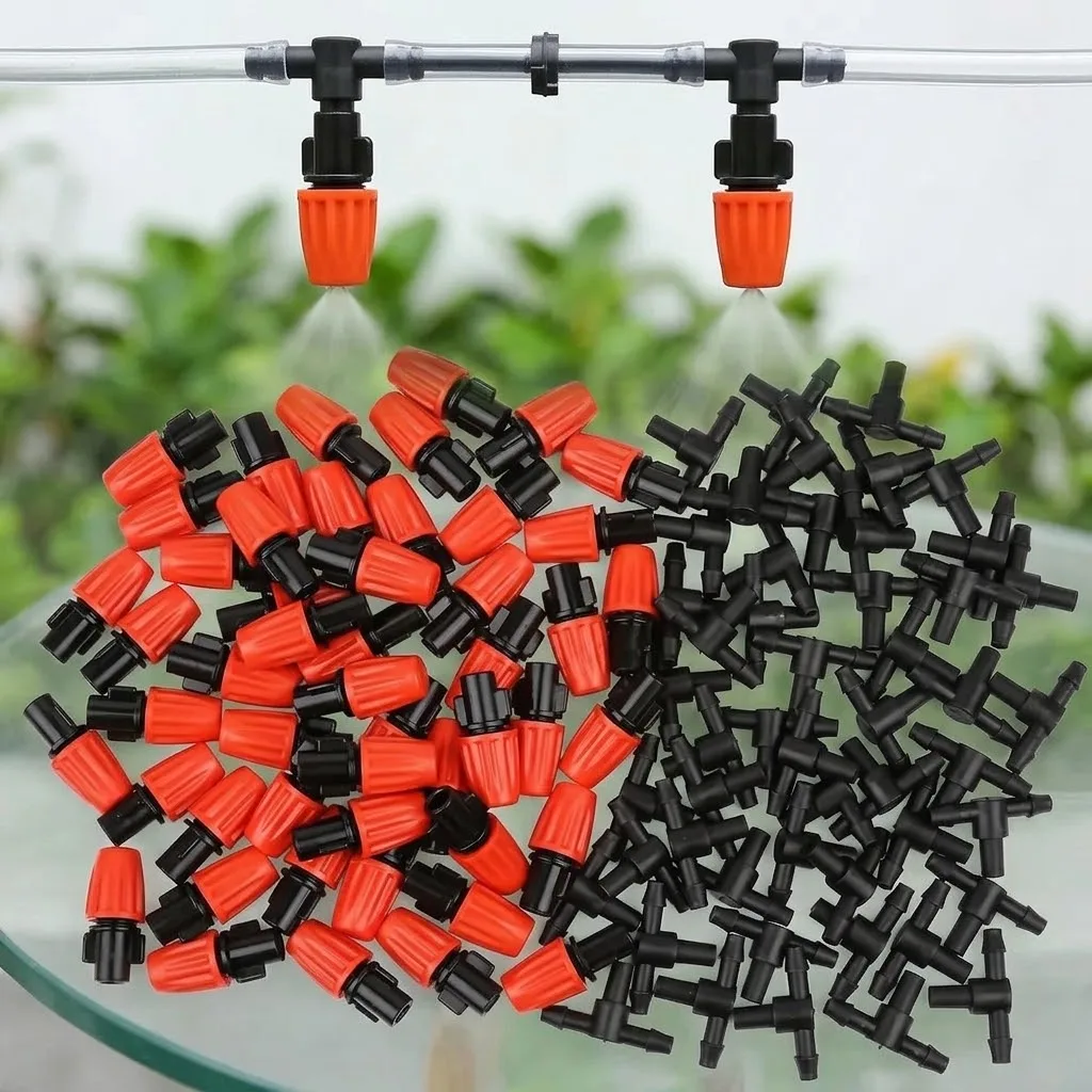 T-Type Orange Adjustable Misting Nozzle 7.5-10L/H Flow Rate With 1/4 Inch Tee Connector For 4/7mm Hose Garden Greenhouse Water