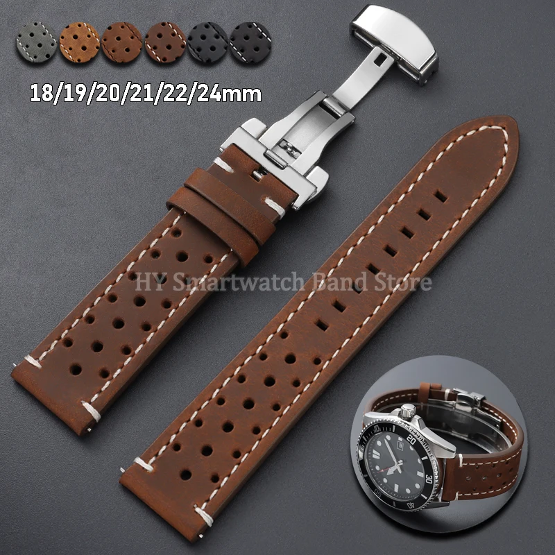 18mm 19mm 20mm 21mm 22mm 24mm Breathable Porous Quick Release Bracelet Vintage Leather Watch Strap for Seiko for Rolex WristBand