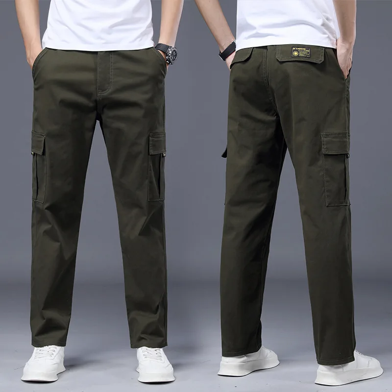 Four Seasons ใหม่ผ้าฝ้ายยืดกางเกงทํางานผู้ชายหลวมตรงเอวยางยืดสบายๆหลายกระเป๋ากางเกง