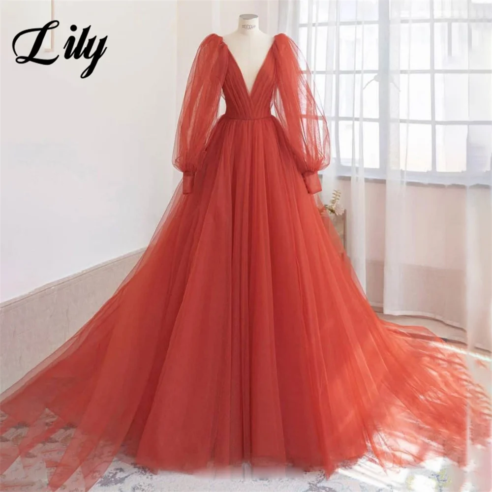 

Lily Orange Net Evening Dresses V Neck Charming Prom Dress with Long Sleeves A Line Pleat Tulle Party Dresses vestidos de noche