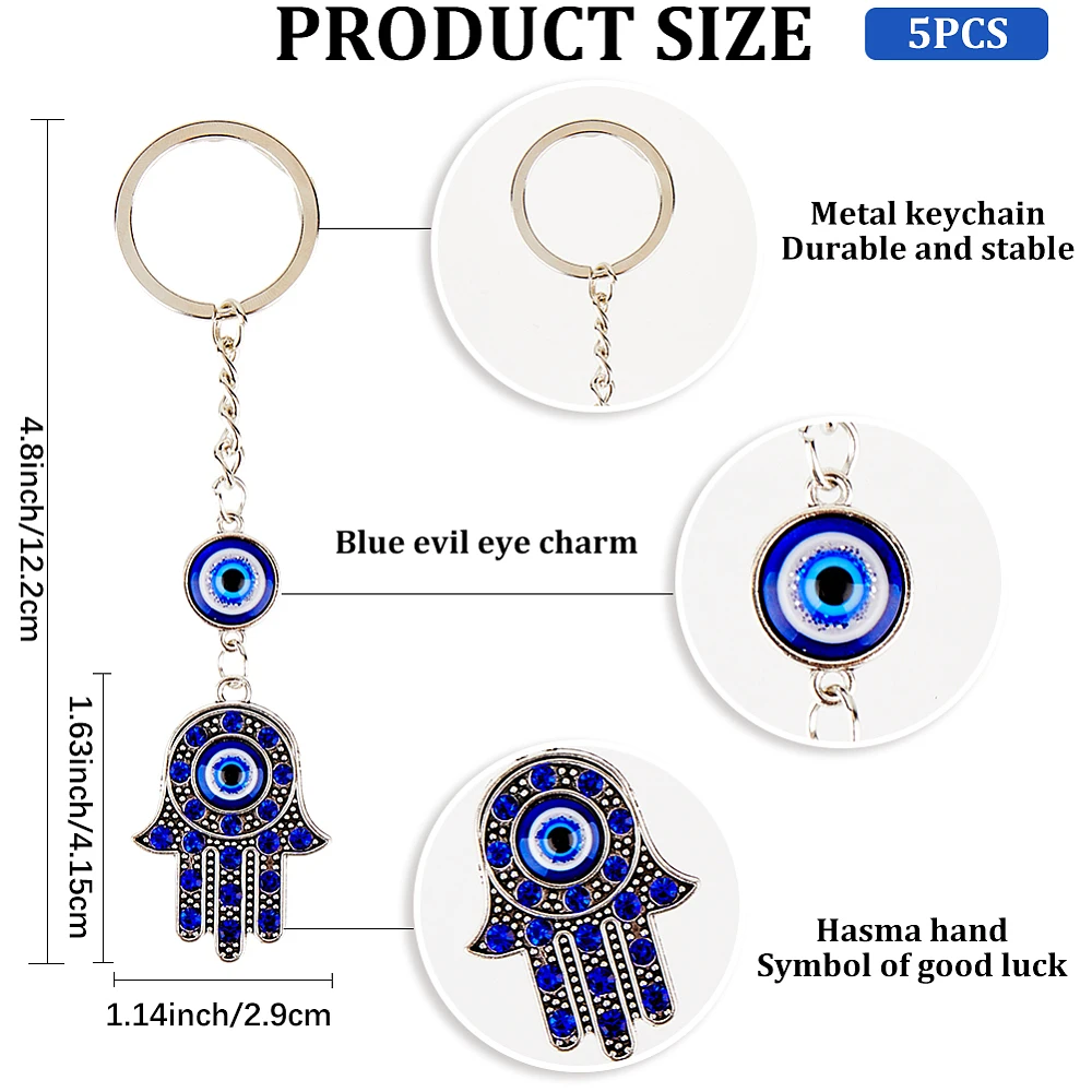 5Pcs Blue Hamsa Hand Key Chain Keychain Decoration with Key Rings Lucky Alloy Enamel Hanging Ornament Pendant Charms Keychains