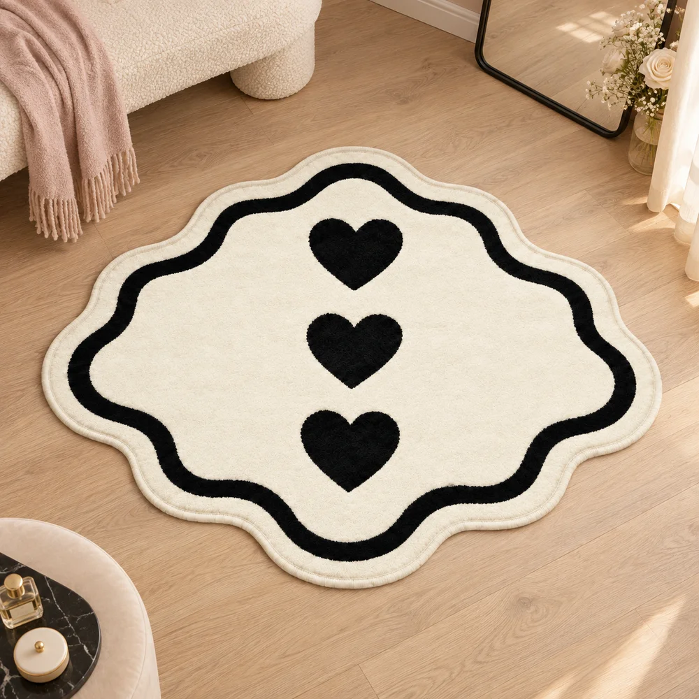 Cozy Cream Scalloped Heart Irregular Floor Mat, Soft Flannel Area Rug For Bedroom, Entryway, Nursery And Romantic Home Decor