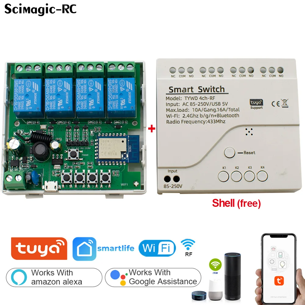 5V 12V 24V 7V-32V 220V 4 Channel WiFi Remote Control Relay Smart Switch Module Supports 433MHz Transmitter For Tuya APP System