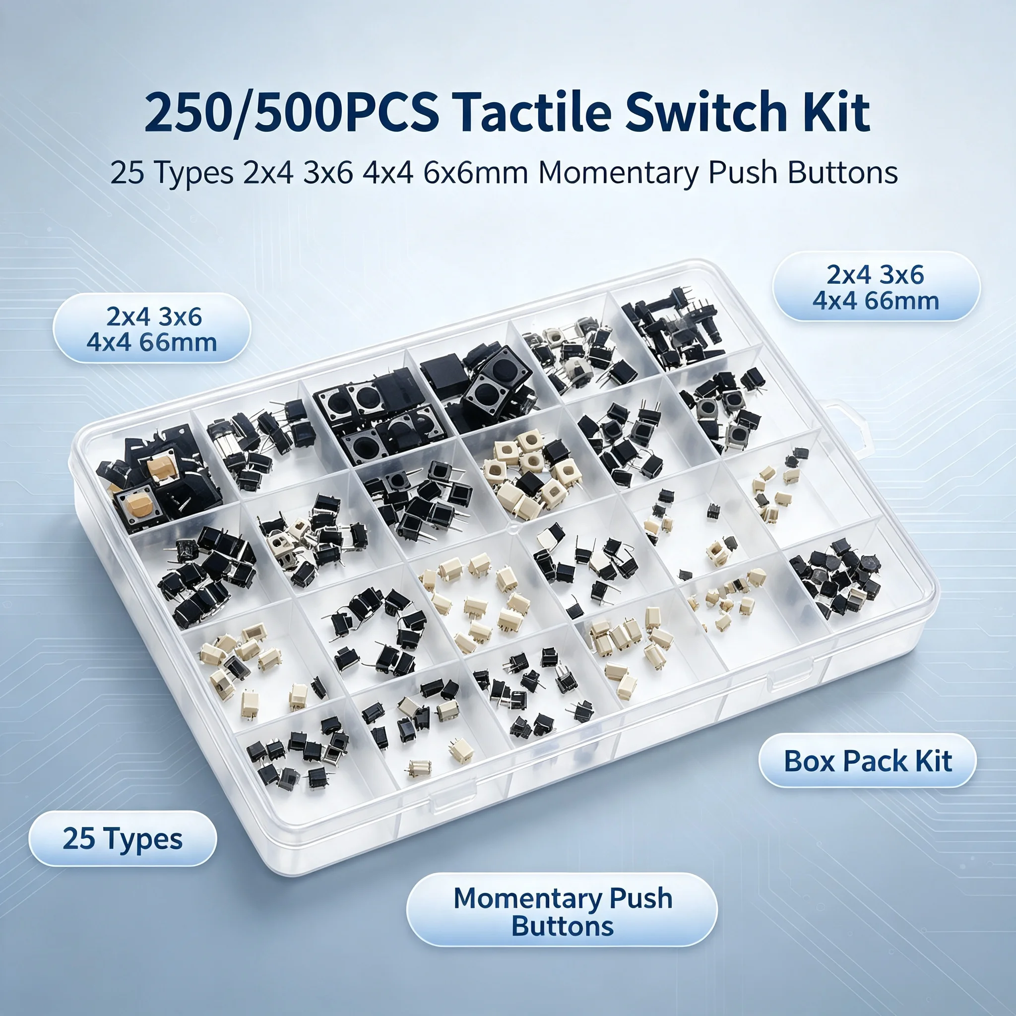 250/500PCS Boxed Tactile Push Button Switches 2x4 3x6 4x4 6x6mm 25 Kinds Mini Micro Momentary Tact Switch Assortment Kit For DIY
