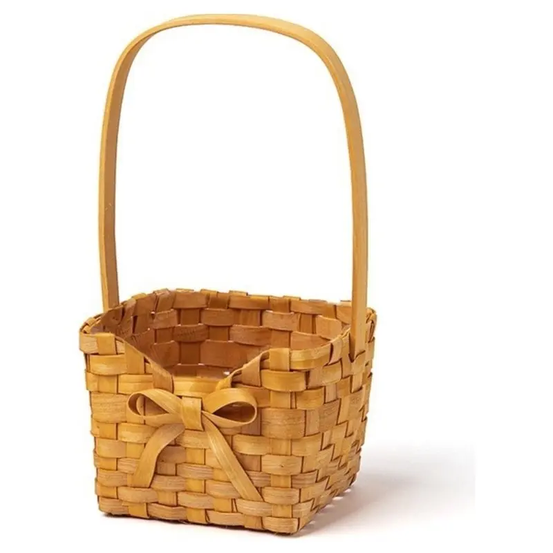 AT63-Woven Flower Basket With Handle And Bows-Home Storage, Picnic Basket, Rustic Wedding Flower Girl Decor S
