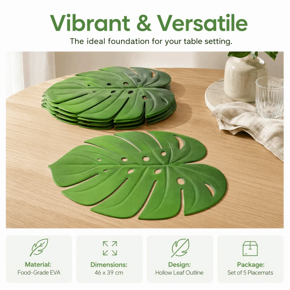 5pcs Eva Monstera Leaf Placemats Non Slip Heat Insulated Heat Insulated Placemats 15.35 x 18.11in Kitchen Party Decor Mats