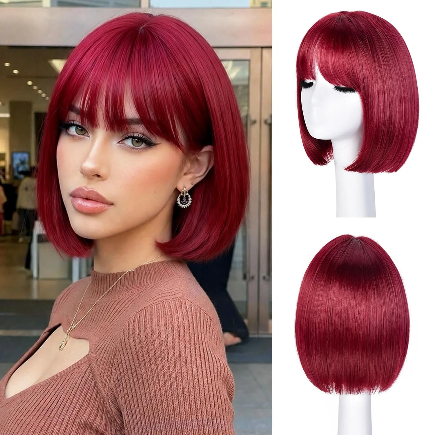 Wine-red bob wig, synthetic party Halloween cosplay wig, role-playing wig, daily party high-temperature silk wig cap