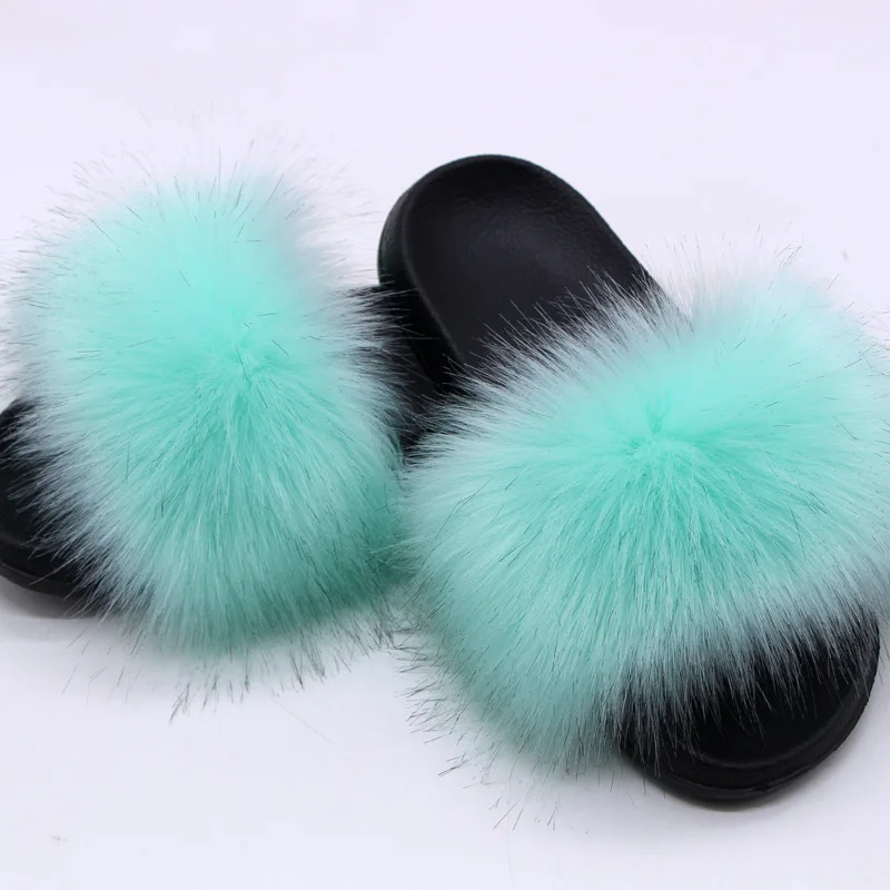 Damen Kunstfell-Slipper Flauschige Offene Pantoffeln für Drinnen und Draußen Lässige Flache Sandalen Luxuriöse Pelzige Slides für Damen – Detail 14
