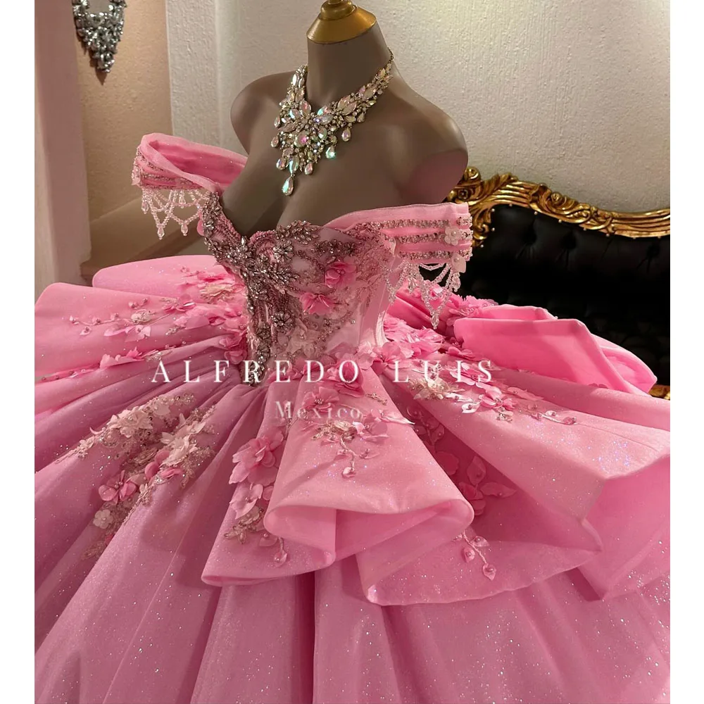 

Customized Mexican Pink Quinceanera Dress Off Shoulder Lace Applique Beading Bow Sweet 16 Vestidos De 15 Anos