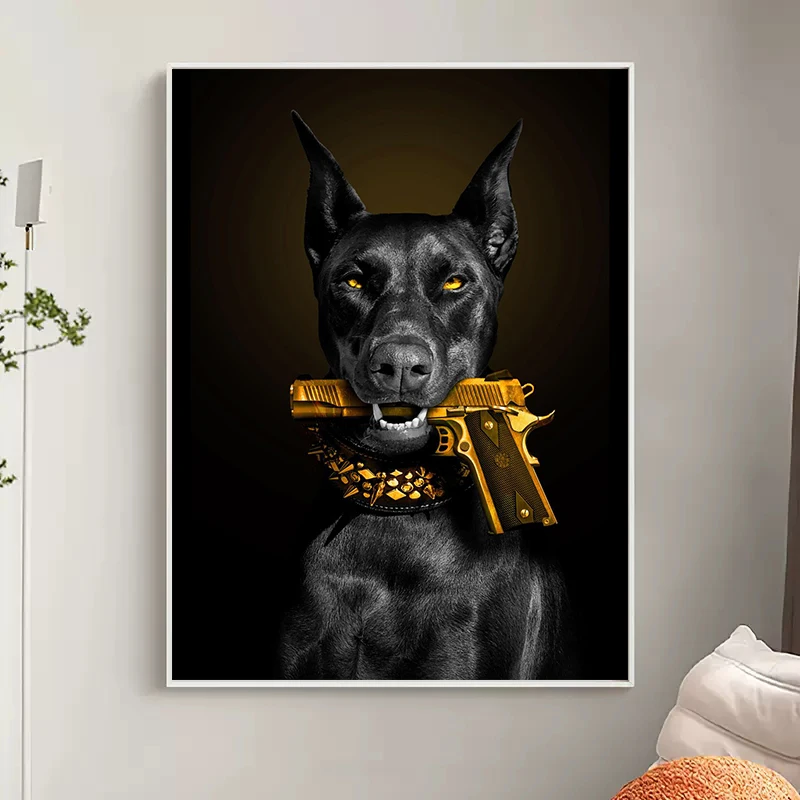 Luxury Dog Doberman with Pistol In His Mouth Posters Canvas Painting Animal Fashion Wall Art Pictures Living Room Home Decor