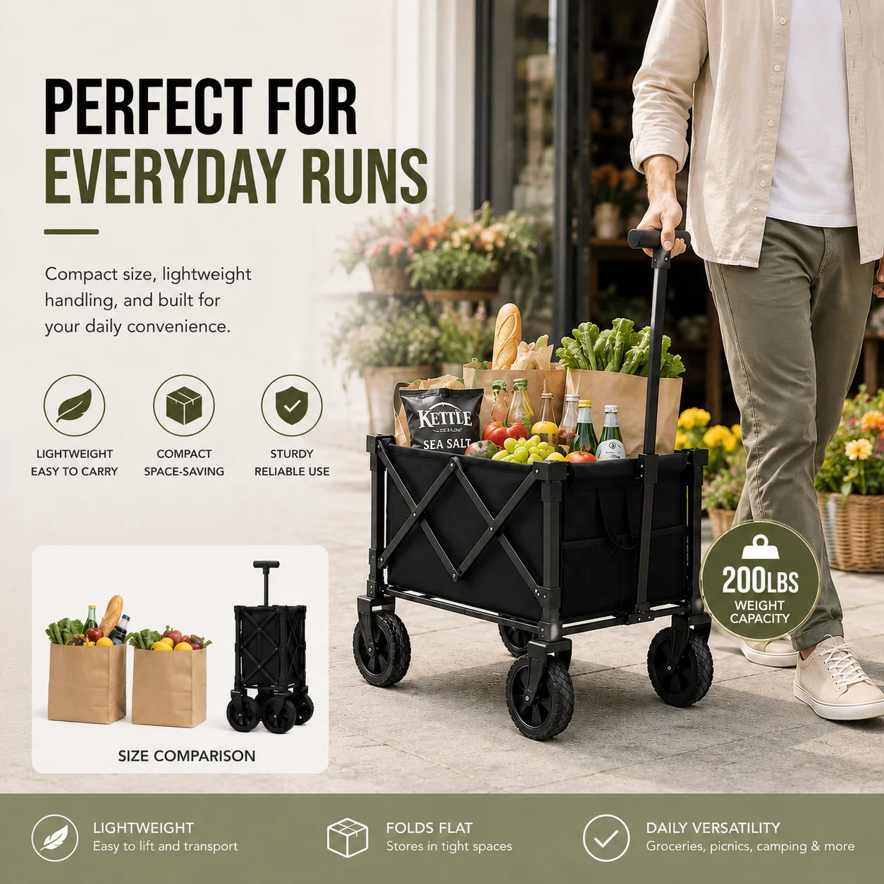 200 LBS Compact Collapsible Wagon Cart, Lightweight Foldable Outdoor Utility Wagon, Multi-Purpose Portable Trolley for Shopping Camping Beach Picnic