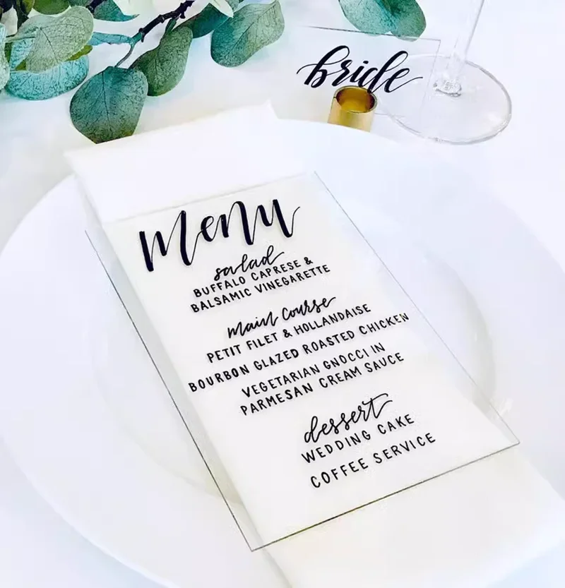 Personalized card for wedding menu plastic Clear cards with custom logo black and white letter cards 100pcs