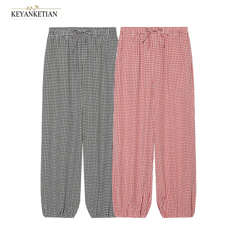 KEYANKETIAN 2026 Tiny Check Jogger Pants Elastic Drawstring Waist Loose Wide Leg Cuffed Ankle Lightweight Casual Daily Trousers