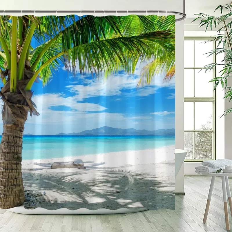 Ocean Beach Shower Curtains Tropical Coconut Tree Sea Waves Hawaiian Nature Landscape Polyester Fabric Bathroom Decor with Hooks