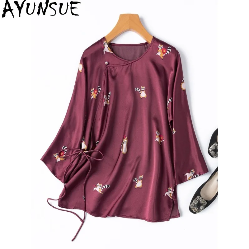 

AYUNSUE 100% Silk Women's Blouses and Shirts Lace-up Tops for Woman High Quality Chinese Style Blouse Woman Clothes Ropa Mujer
