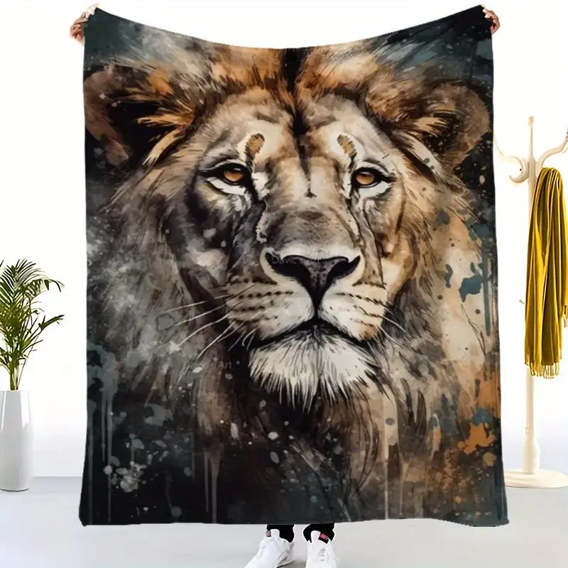 

1pc Luxury Lion King Inspired Lion Face Print Flannel Blanket - 280gsm Plush All-Season Soft Warmth, Black/Brown/Golden/Beige Co