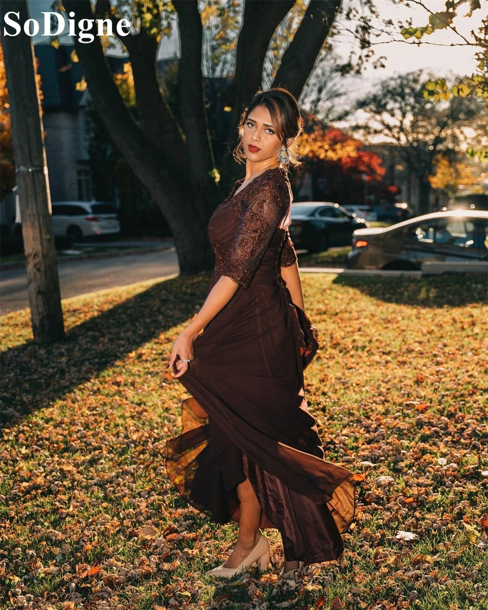 SoDigne Vintage Brown Lace Evening Dresses Sweetheart Draped Appliques Half Sleeve Ankle Length Party Dress Prom Gown Customized