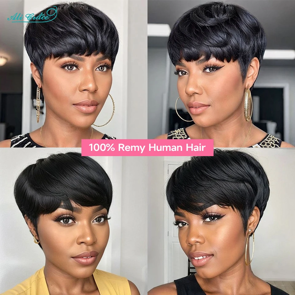 Short Bob Pixie Cut Wigs Straight Human Hair Machine Made Wigs With Bangs Brazilian Remy Hair Wig Ready To Go