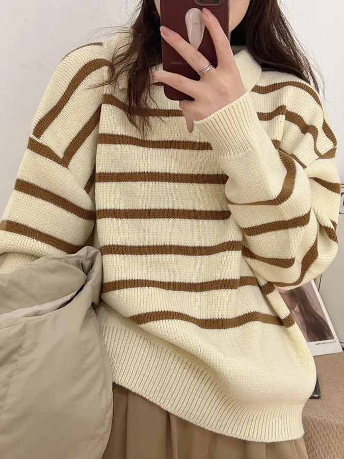 

Trendy Striped Sweater Women's Loose Fit Long Sve Ne Regular Thin Autumn Winter Faionable Lazy Sle Top