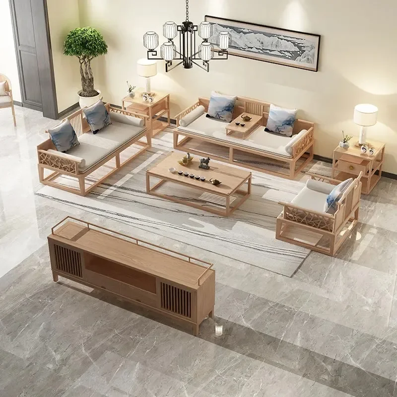 New Chinese-style solid wood sofa combination, simple and modern style, small apartment living room villa bed and breakfast furn