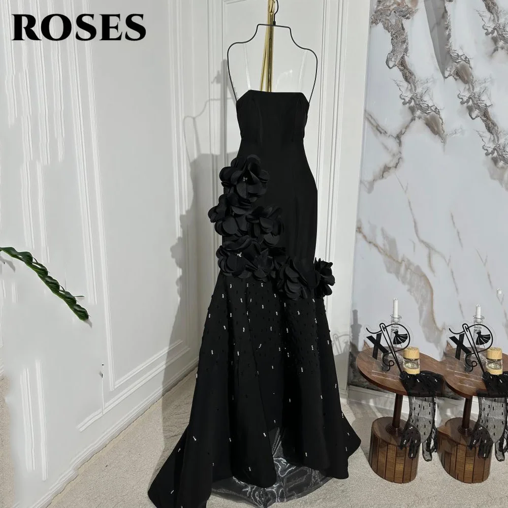 

ROSES Черные платья для выпускного вечера с открытыми плечами и прозрачными рукавами Гала-платья Сверкающие бусины и цветочные аппликации Вечернее платье по индивидуальному заказу