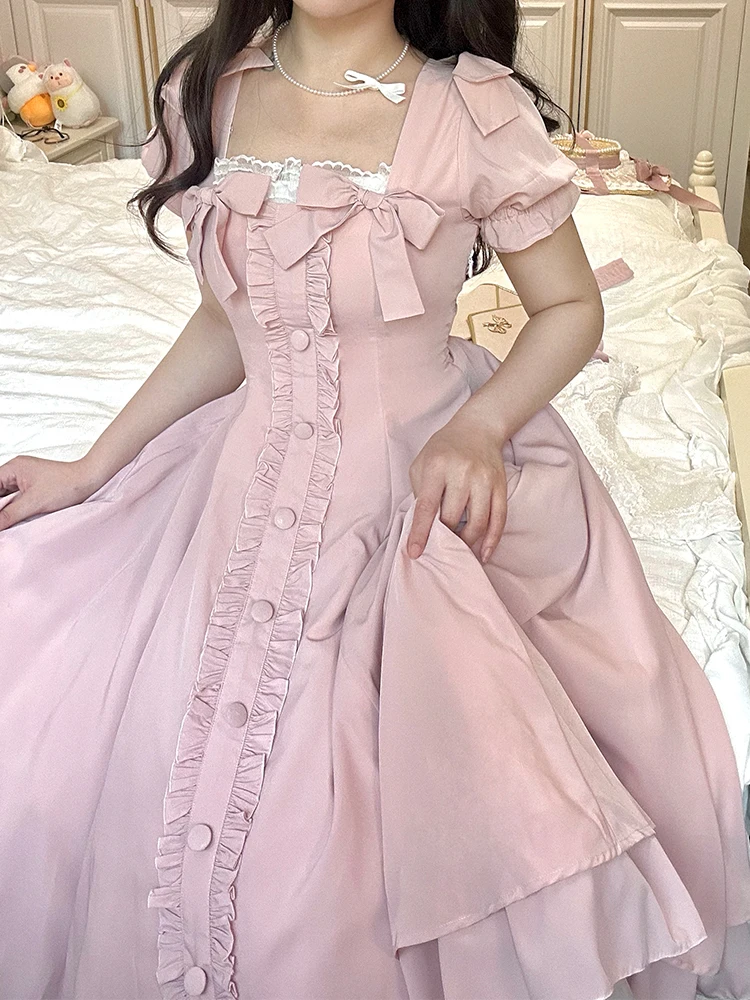 Lolita-Robe Longue en Dentelle OP pour Femme, Vêtement Rétro, Classique, Col Évasé, Volants Courts, Simple Boutonnage, Taille Haute, Slim, Ligne A, Douce