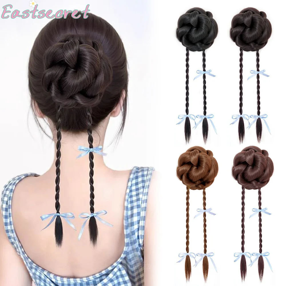 EAST Synthetic Wig Women's Double Fried Dough Twists Braid Grab Bud Head Coiled Hair Wrapped with Ribbon Wig Braid Ponytail
