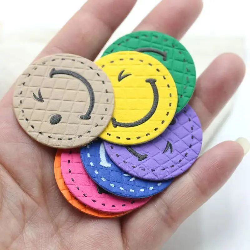 20Pcs/Lot Smiley face label fluorescent PU leather label back label Handdade DIY accessories cloth sticker for clothes bags