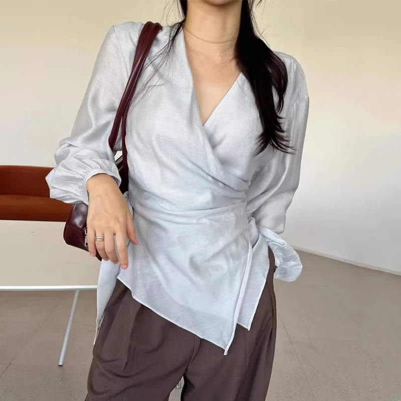 

Шикарная женская повседневная рубашка с V-образным вырезом, поясом, длинными рукавами, осенний дизайн, свободный крой, асимметричная, стройнящая, для делового стиля