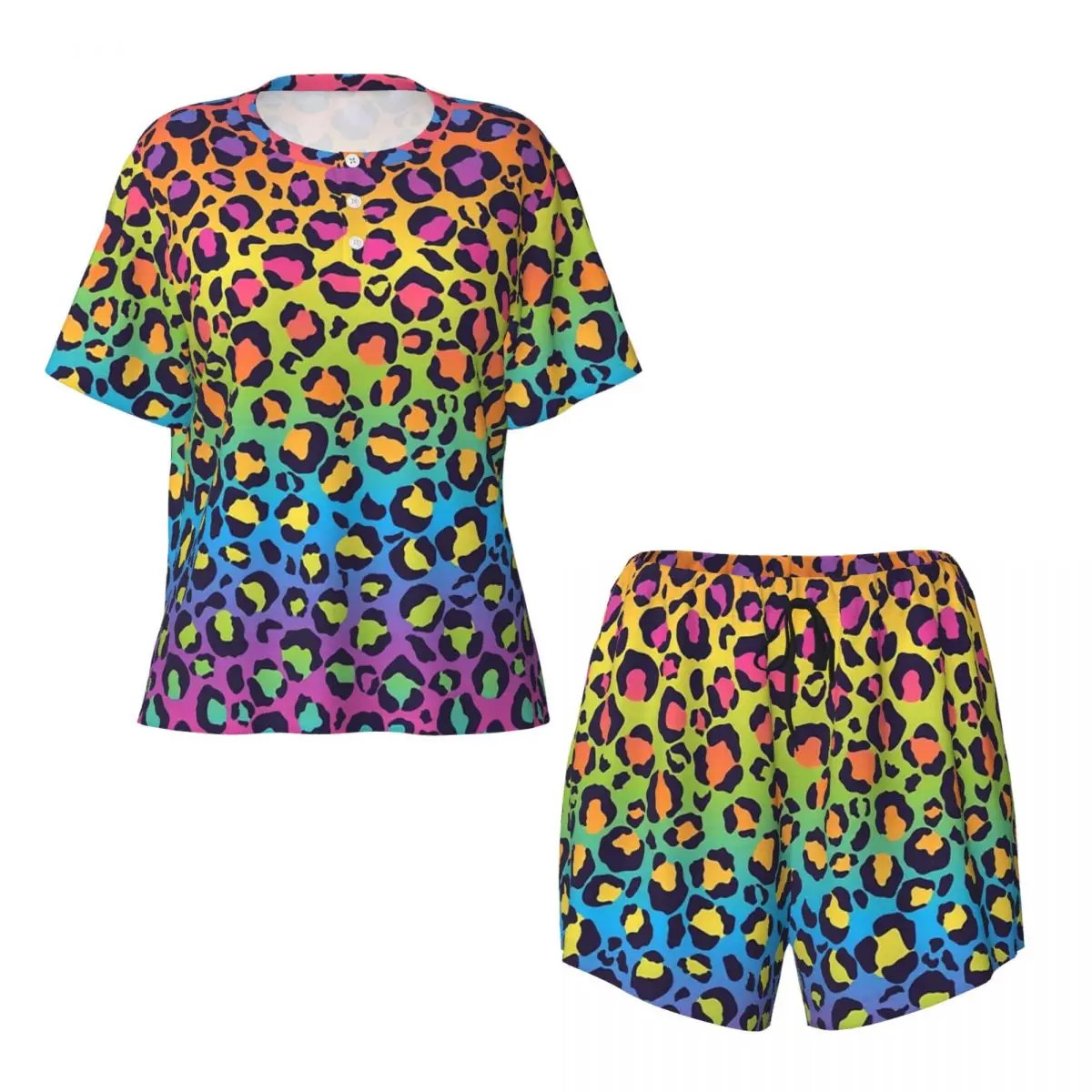 Bright Rainbow Ombre Gradient Leopard Print Pattern Round Neck Short Sleeves Nightdress for Sleeping Sleepshirts Women Loose