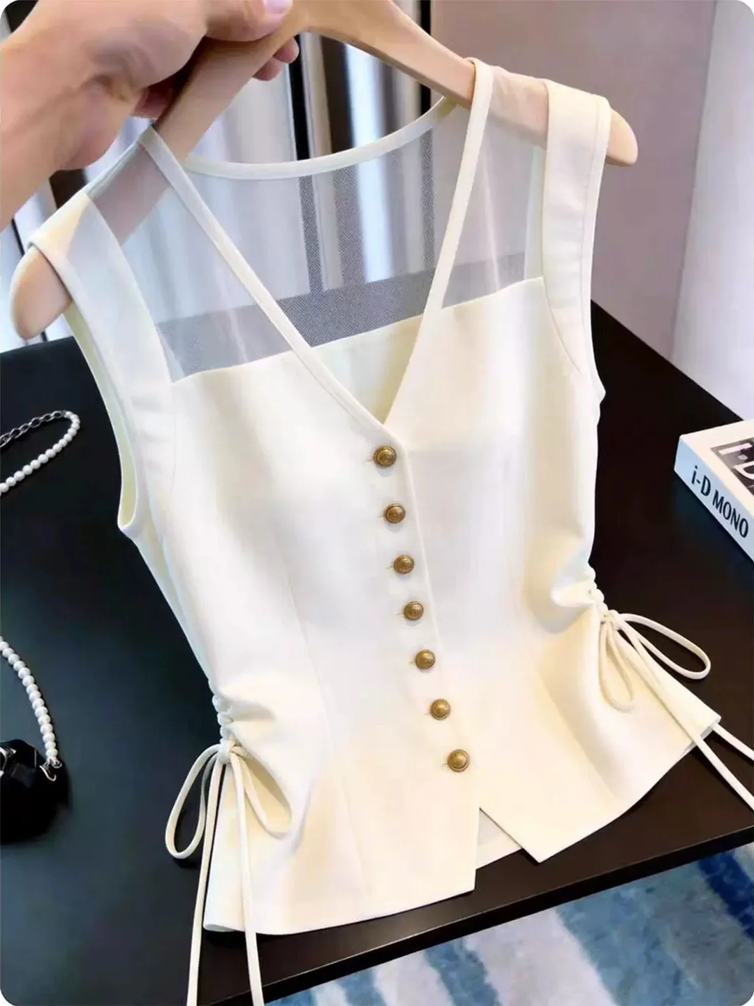 

Summer Unique Sleeveless Vest V-Neck Commute Versatile Single Button Design Sense Drawstring Top Korean Style Straight Cut