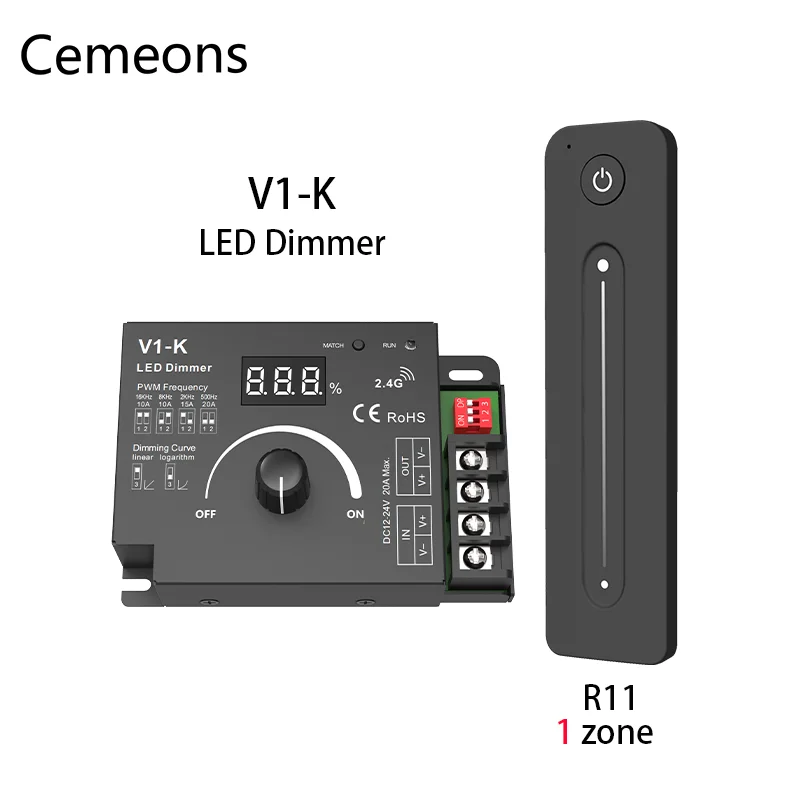 V1-K LED Strip Dimmer 12-48V DC PWM Frequency Adjustable 1CH 20A Rotary Knob 2.4G RF LED Dimmer Touch Remote Control Dimer