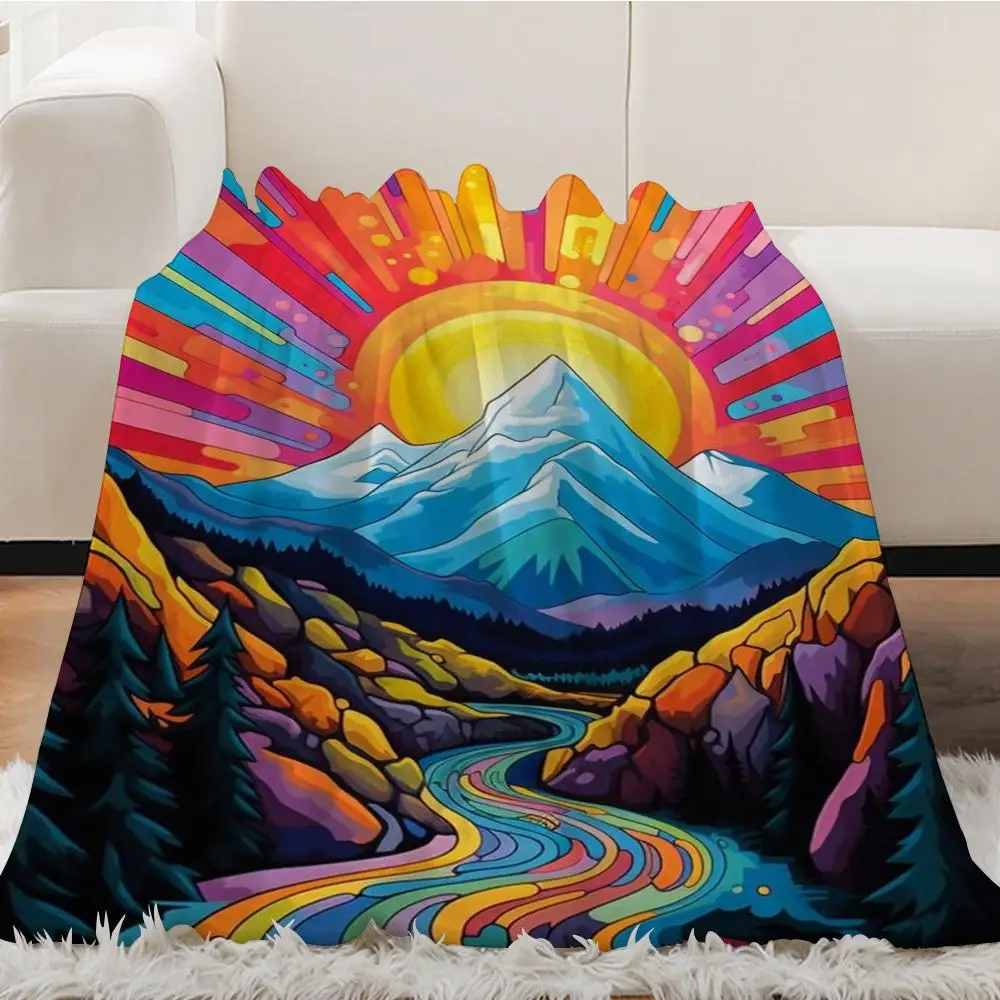 Starry Twilight Mountain Landscape Throw Blanket, Vibrant Gradient Sky Pine Tree Nature Blanket Throw Blanket Aesthetic Portable