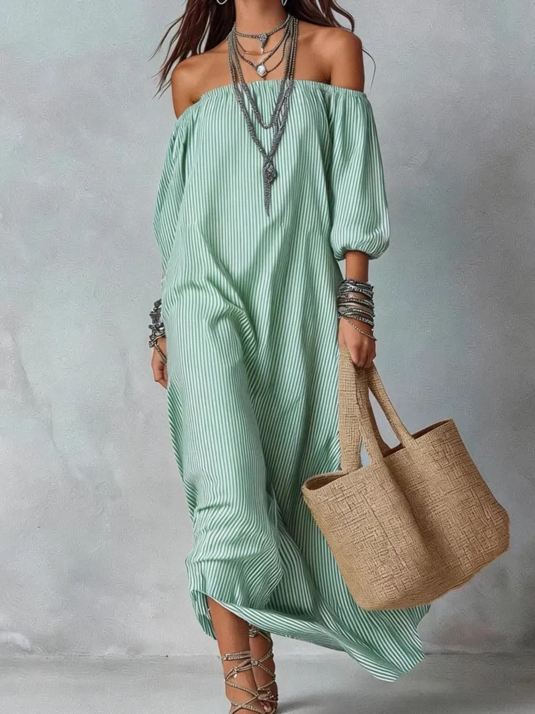 Casual Dresses New Spring Summer Elegant Striped Off-shoulder Loose Holiday Fashion Dress For Women Office Holiday Party Dress