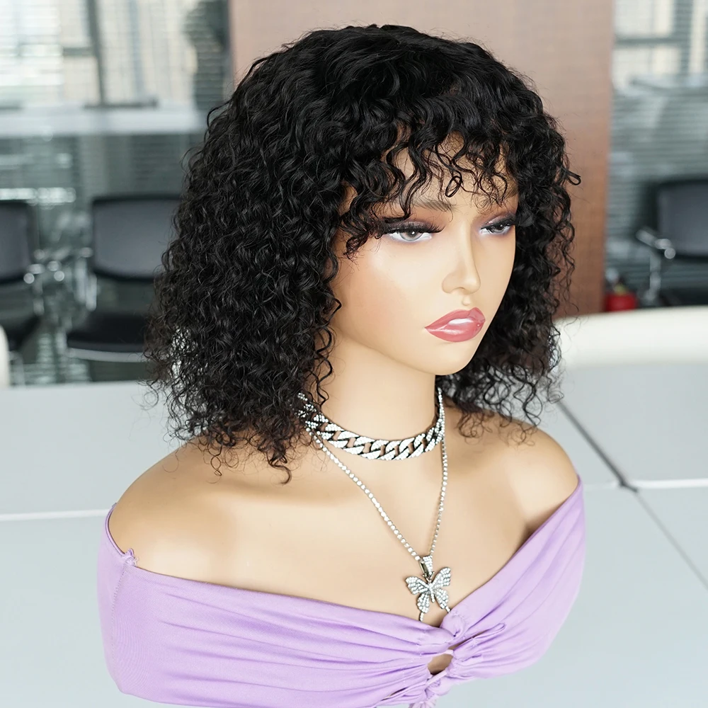 Jerry Curly 2*1 Lace Bob Wig With Bangs Middle Part Top Lace Remy Brazilian Human Hair Wigs With Fringe Curly Wigs