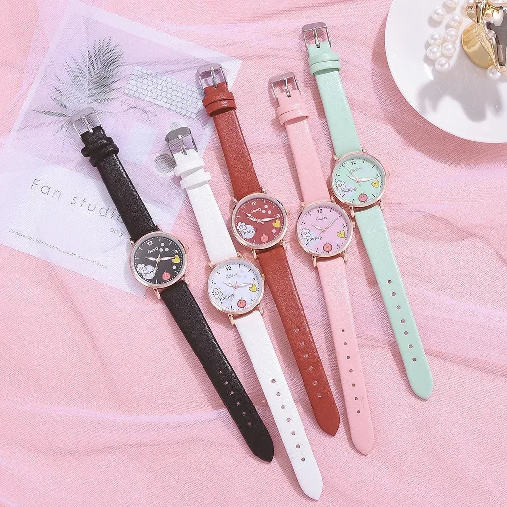 Kids Watches Pink Cute Children Wristwatch Cartoon Pattern Quartz Watch Set for Girls Students Clock Relogio Feminino