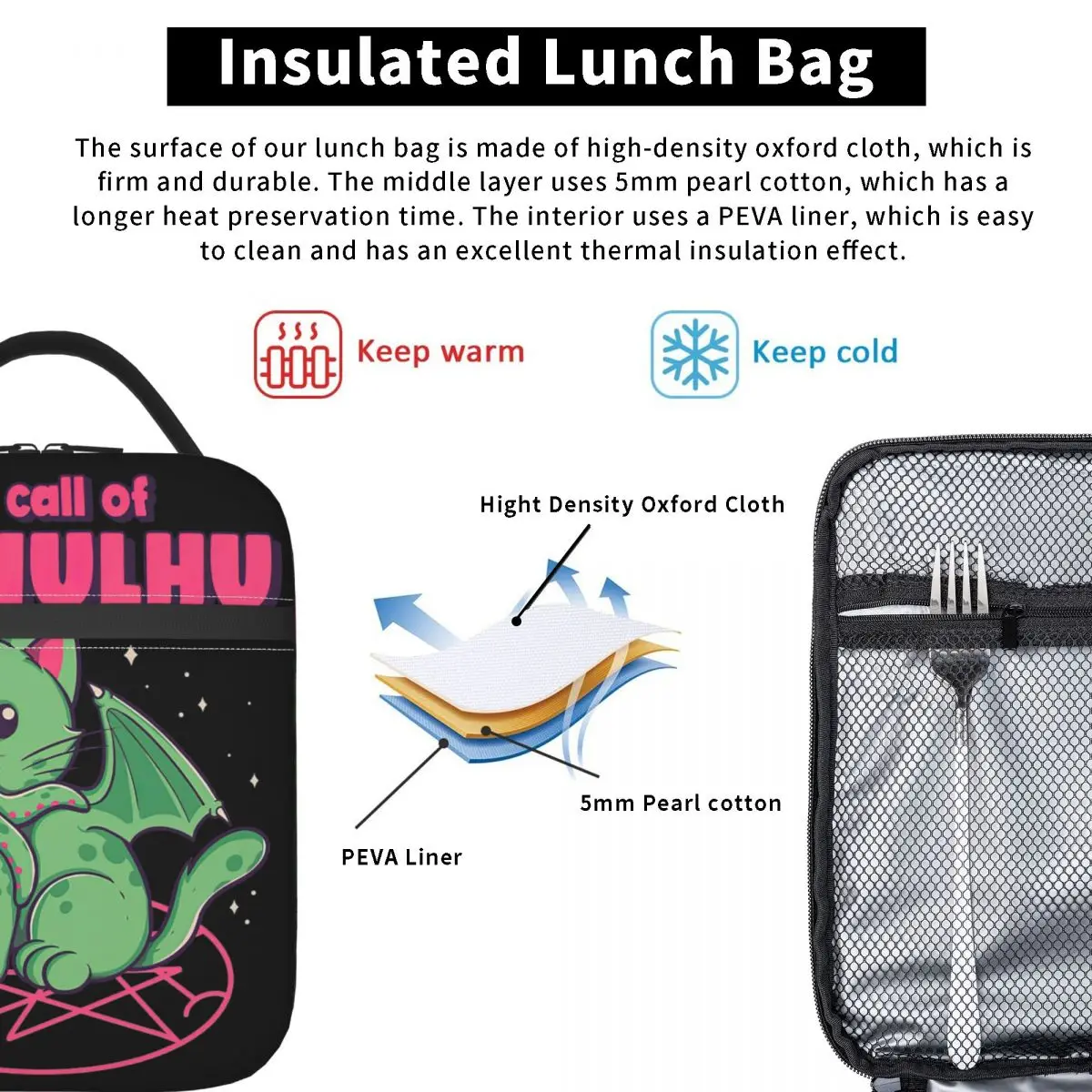 The Call Of Cthulhu Thermal Insulated Lunch Bags Lovecraft Monster Cat Resuable Lunch Container for School Storage Food Box