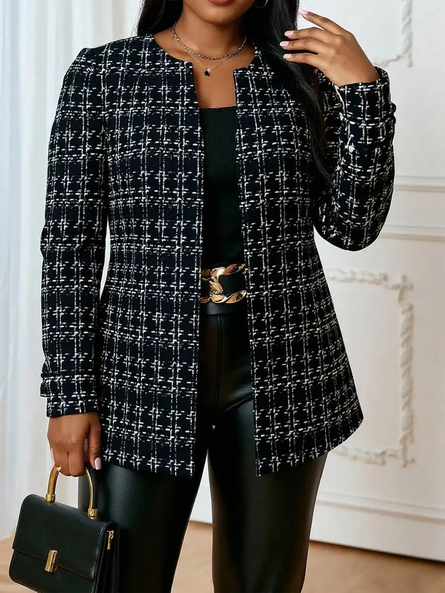 

Women's Plaid Tweed Blazer Jacket, Front Open Long Sleeve Business Casual Coat for Office & Winter
