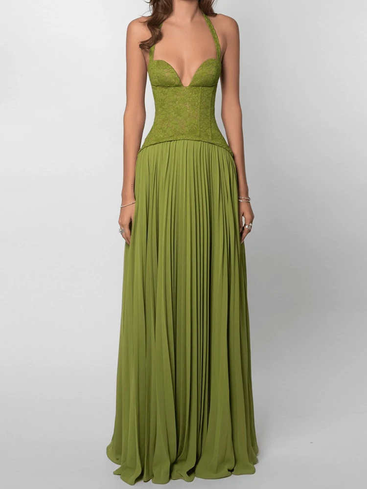 

Women Elegant Patchwork Maxi Dress Deep V Neck Sleeveless Backless Lacing Up Sexy Party Dress Ladies Streetwear Holiday Dresses