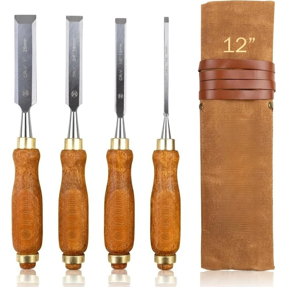 

Woodworking Tools 4 Piece Chisel Set - Premium CV60 Steel Wood Chisel Sets with Ergonomic Handles, Includes 1/4" 1/2" 3/4" 1"