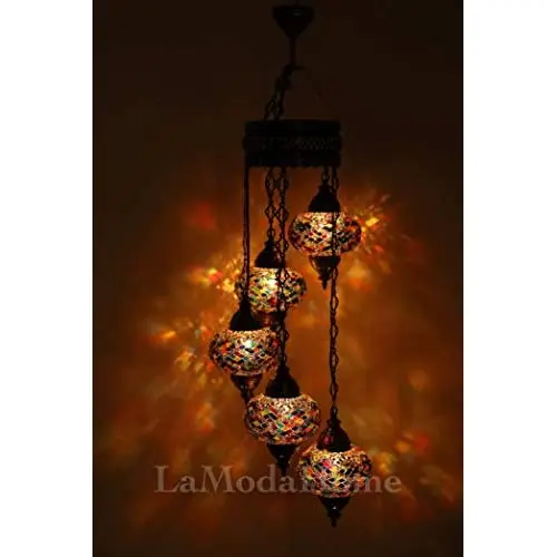 LaModaHome 40 + Unique Colors, 2020 Customizable Chandelier 5 Globes + Free 5 Bulbs, stunning Mosaic Turkish Lamp Moroccan Light