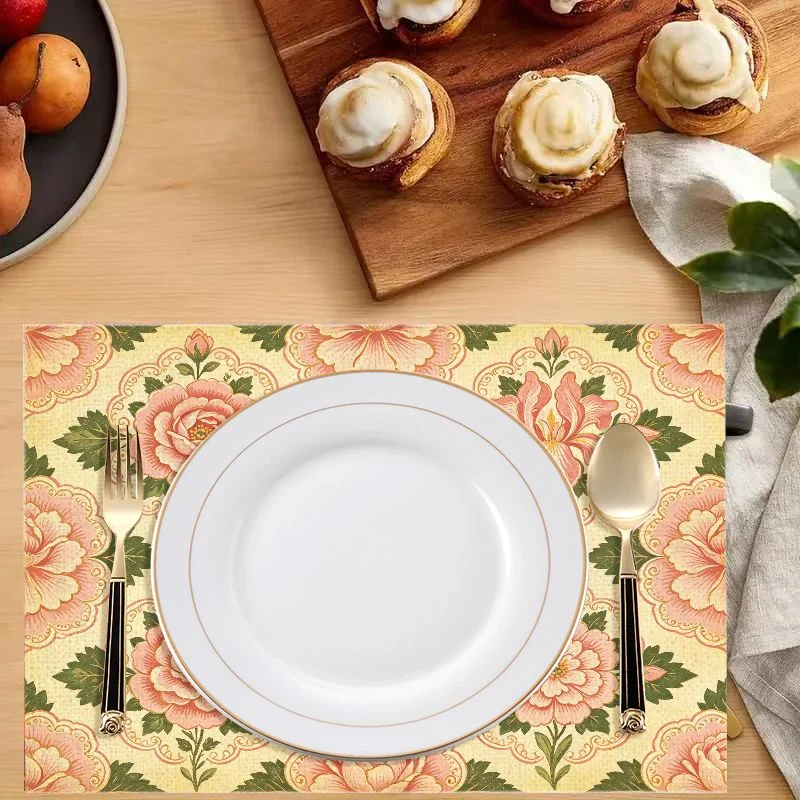 VIKAMA Vintage Pink Peony Floral Placemats Beige Base Heat Resistant Dining Table Mat Washable Farmhouse Kitchen Table Decor