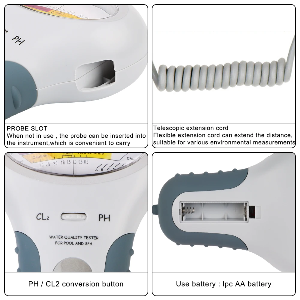 For Swimming Pool SPA Water Chlorine Tester Water Quality Testing Device CL2 Measuring PH Chlorine Meter PC-102 PH Tester 2 in 1